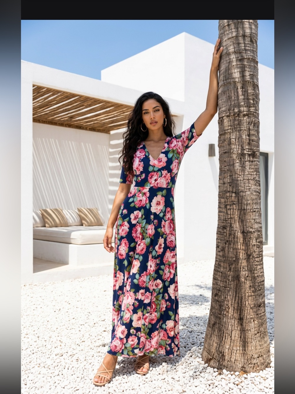 Navy Floral V-Neck Maxi Dress with Pink Roses
